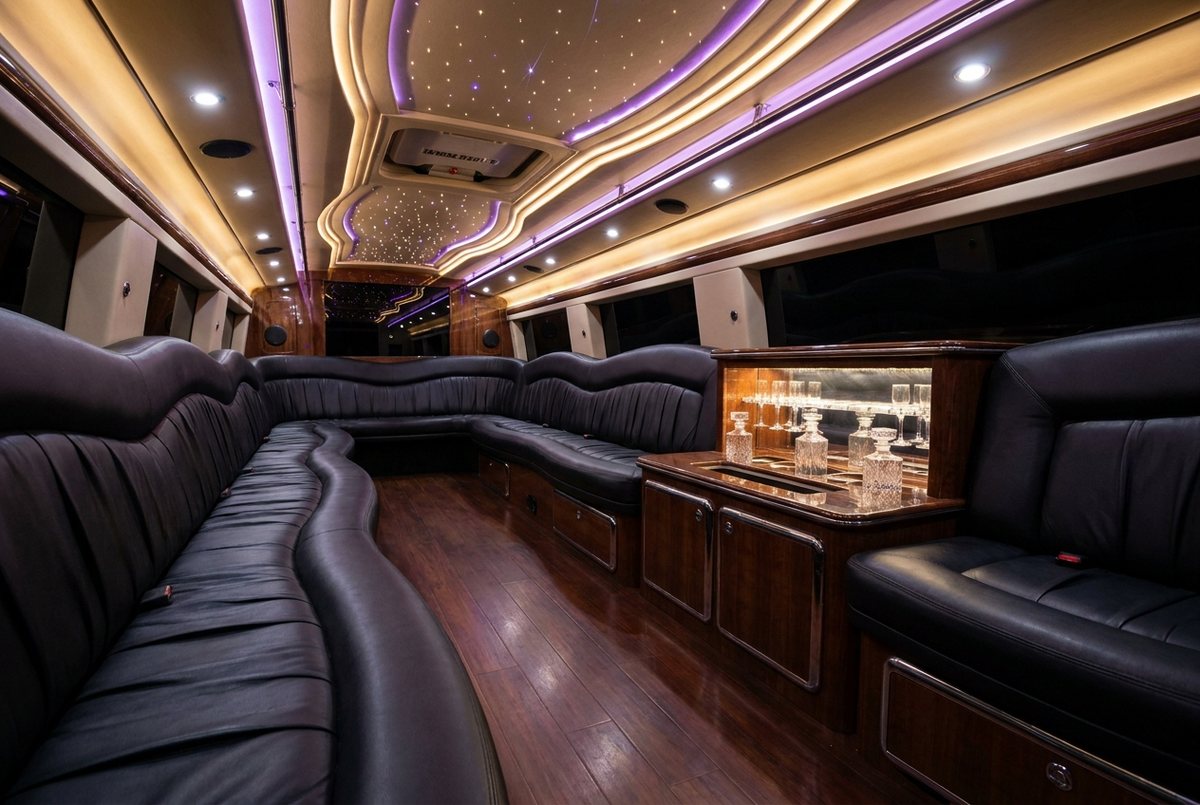 Party bus interior with lighting